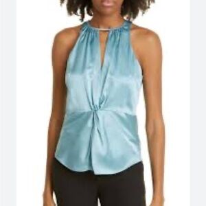 Cinq a Sept Amari Twist Front Cutout Silk Top Green Blue Ravine Career Sz L NEW